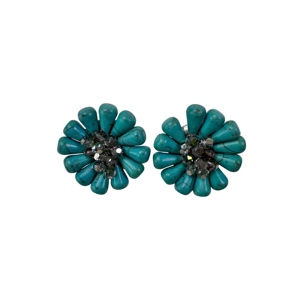 Turquoise Flower Earrings Sparkle Rhinestone Studs Women Boho Festival Vintage